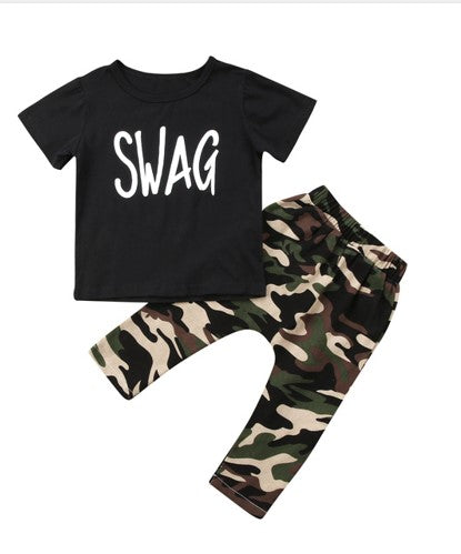 2 piece set includes camo pants & black t-shirt with SWAG written in white