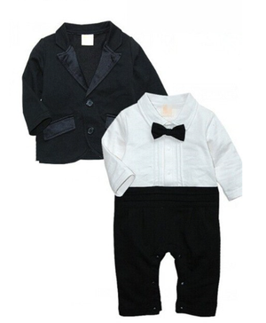 Gearing up for a fancy party? We have your little man covered with our awesome 2 piece suit set. The Classic Gentleman set comes with the one piece romper (bow tie attached and snaps at the bottom) and black cotton jacket. The jacket is not a suit jacket; it is a comfy cotton to keep your little guy comfortable. This set has all of the check lists for a super fancy outfit but will keep your baby happy because he will feel like he is in pj's! 