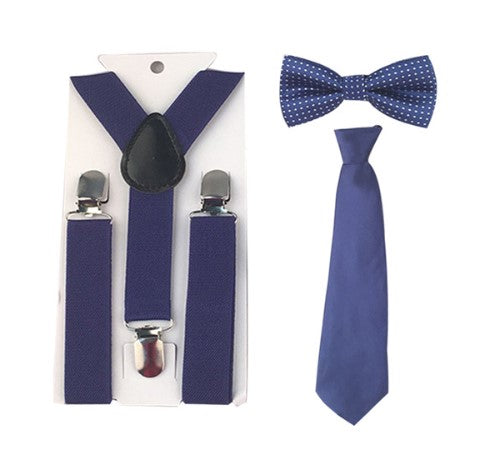 Royal Blue 3 piece set includes suspenders, bow tie and tie. Dress any outfit up with these adorable accessories!  The Tie comes on an elastic circle making it super easy to put on. The bow tie has white dots,