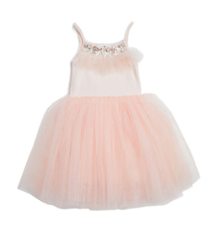 Oh la la fancy! How darling is our Petite Hailey Feather Tutu Dress! This gorgeous dress has gems sitting on top of a feather lining and puffs out at the bottom with tulle. Your sweet baby girl will be the belle of the ball in this gorgeous dress. Add our Adele Feather Cape to complete the look!