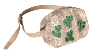 Travel to the beach in style the summer with our new Pricky Bum Bag. Each bag is hand made and has unique detailing including the sparkly sequin cactus patches. The fanny pack style makes it easy with a hands free approach. Perfect for mommy's on the go!  Pairs perfect with our San Pedro jumpsuit and kimono