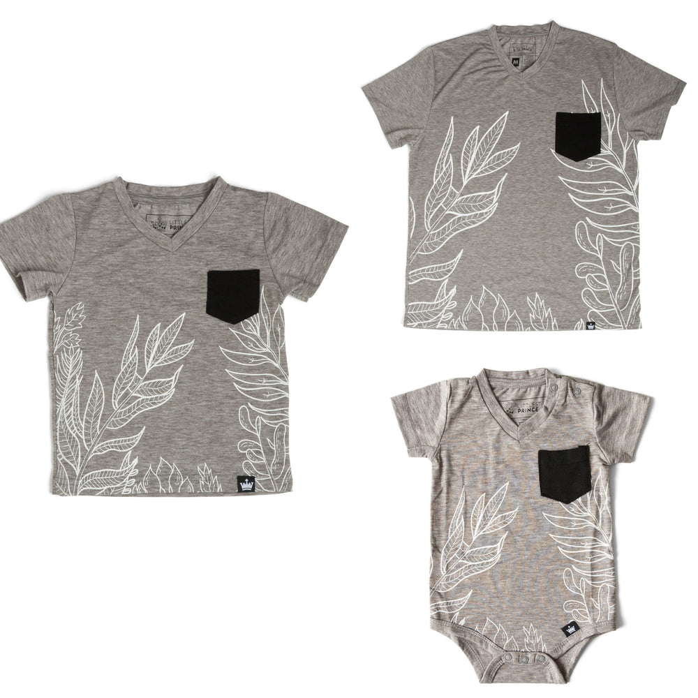 
            
                Load image into Gallery viewer, The Littlest Prince Gray &amp;amp; Black Tropical Tee is perfect for island vacations or Spring/Summer days. The tropical print along with the bold  colors will definitely have your little man standing out. This set is perfect for stylish brothers as well as for matching daddy!
            
        