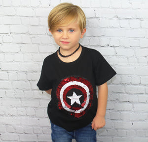 
            
                Load image into Gallery viewer, Superheroes unite! This awesome tee can be worn two ways with just the swipe of your hand. One side of sequins is Captain America and the other side is Spiderman. This shirt is so much fun to wear and looks adorable on! Calling all Superhero&amp;#39;s - GIRLS and BOYS! 
            
        