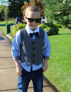 
            
                Load image into Gallery viewer, The Charlie 4 piece set is for the sophisticated little gentleman. This fashionable trendy toddler boy outfit comes with Long Sleeve Collared Shirt, Bowtie, Vest, and Jeans
            
        