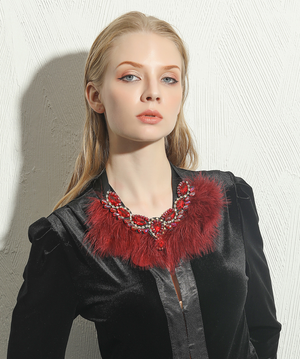 
            
                Load image into Gallery viewer, Calling all Boujie Diva&amp;#39;s! Our crystal feather necklaces are the perfect addition for our mini diva&amp;#39;s all the way up to our mama diva&amp;#39;s. Each necklace sits high on top of your existing shirt and is lined with colorful feathers and shining crystals.  Mix and match with your mini for the perfect stylish accessory!  Available in beige, black, red and blue
            
        