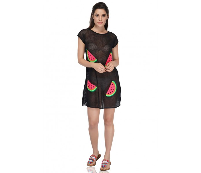 Made of ultra-soft fabric, this cover up is perfect for your next beach visit! It is embroidered with a fun watermelon design that will fit any summer day mood! Hand-wash is highly recommended for this cover up. This cover up can be stunningly paired with the Watermelon slushe flap clutch and the Mommy and me set.